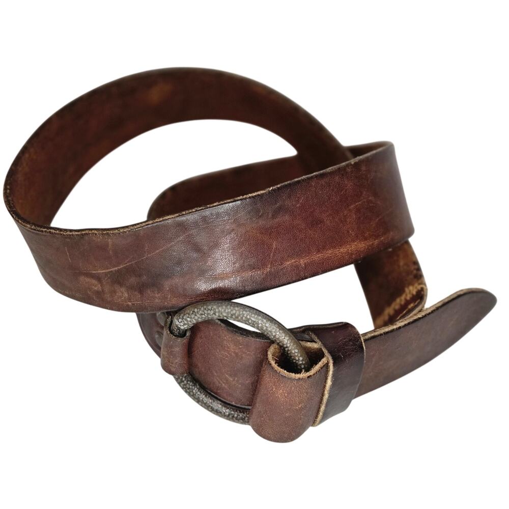 VTG 70s Handcrafted Brown Leather O-Ring Belt Rustic Artsy Distressed Leather S - Picture 7 of 9
